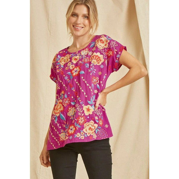 Women's Short Sleeve - Classic Dolman Sleeve Embroidered Top - Magenta - Cultured Cloths Apparel