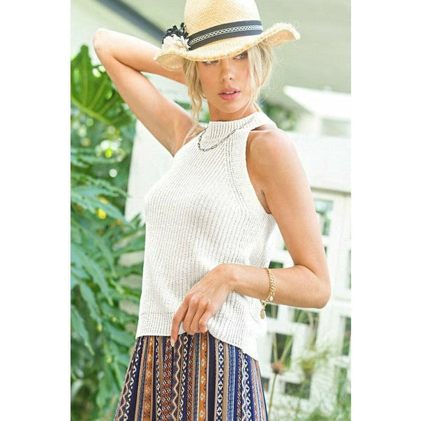 Women's Sleeveless - Sleeveless Ribbed Knit Halter Top - White - Cultured Cloths Apparel