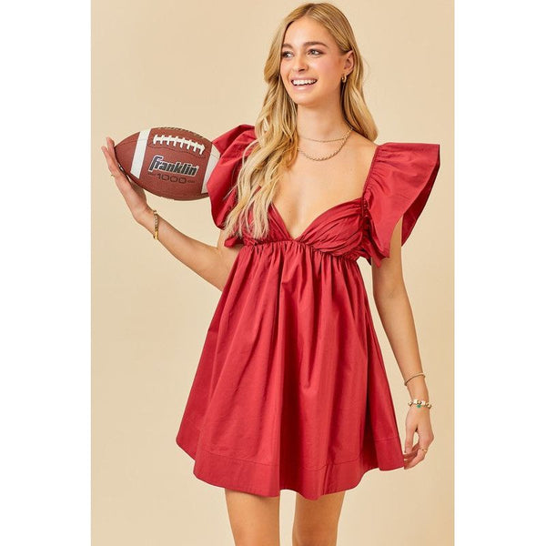 Women's Dresses - Ruffle Detail Tie Poplin Back Dress - Crimson - Cultured Cloths Apparel