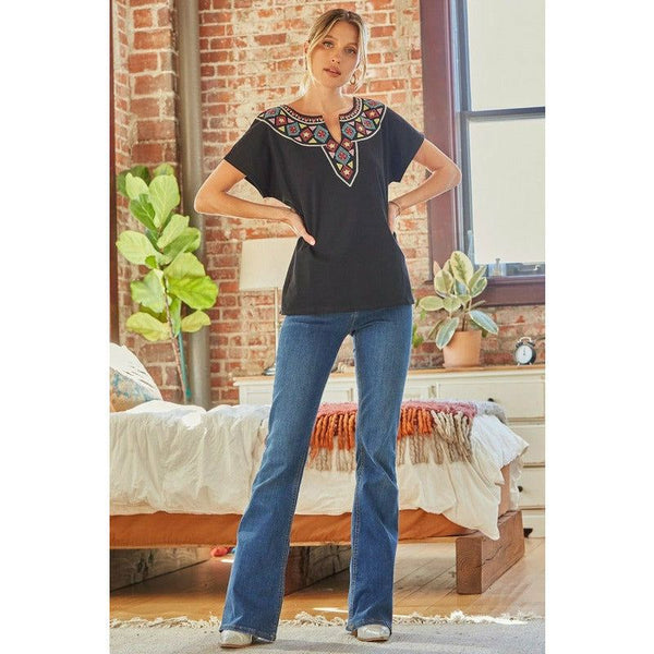 Women's Short Sleeve - Not So Basic! Embroidered Dolman Style Top -  - Cultured Cloths Apparel