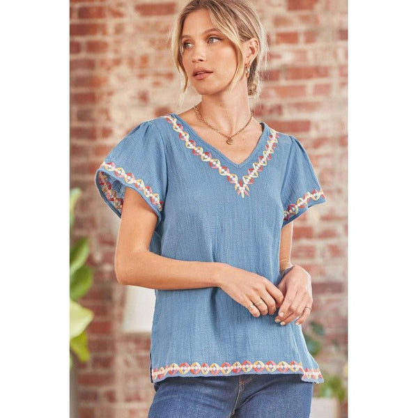Women's Short Sleeve - Fun & Easy Cotton Embroidered Top - Denim - Cultured Cloths Apparel