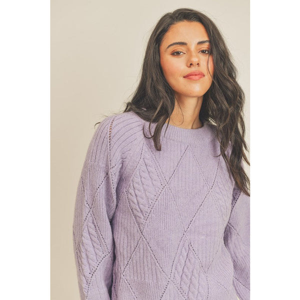 Women's Sweaters - Diamond Pattern Mixed Knit Sweater - Violet - Cultured Cloths Apparel
