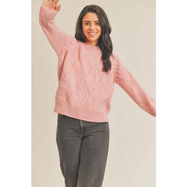 Women's Sweaters - Diamond Pattern Mixed Knit Sweater - Sea Pink - Cultured Cloths Apparel