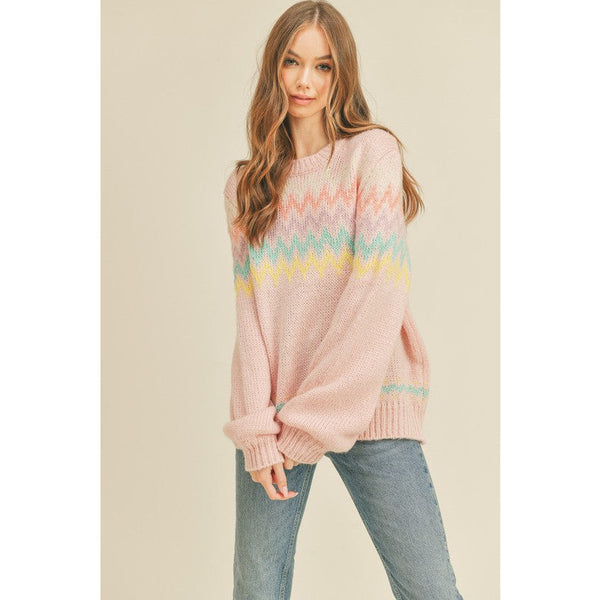Women's Sweaters - Colorful Zigzag Striped Knit Sweater - Blush - Cultured Cloths Apparel