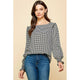 Women's Long Sleeve - Plaid Top With Smocked Sleeves Ruffled Shoulder - Black - Cultured Cloths Apparel