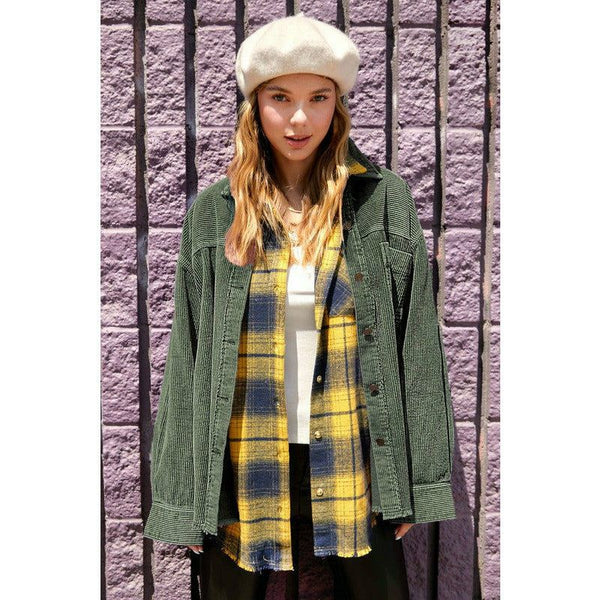 Outerwear - Corduroy Layer Oversized Shacket - Olive - Cultured Cloths Apparel