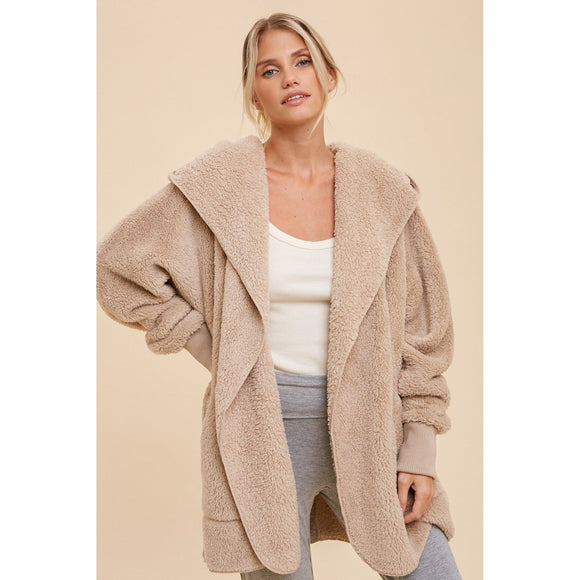 Outerwear - Faux Fur So Soft Plush Hoodie with Pockets - Taupe - Cultured Cloths Apparel