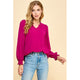 Women's Long Sleeve - Solid Top with Ruffled V Neck Details - Magenta - Cultured Cloths Apparel