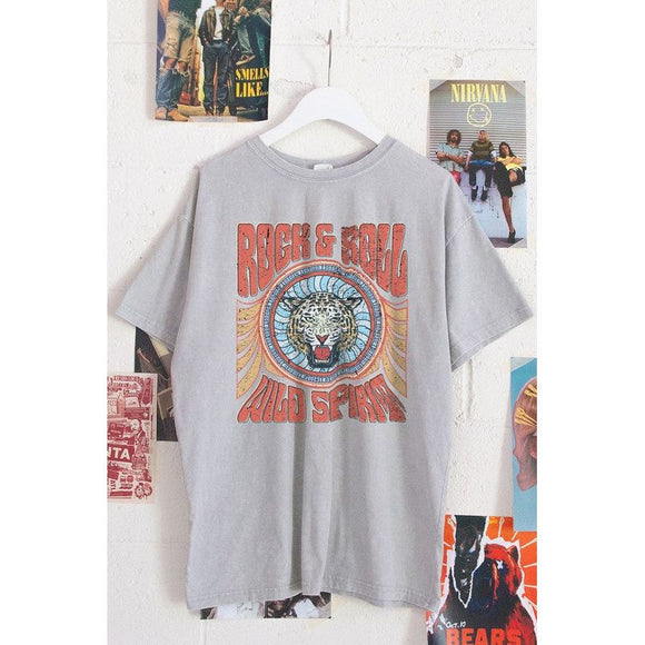 Graphic T-Shirts - Mineral Washed Rock & Roll Tiger Graphic Tee - Stone Grey - Cultured Cloths Apparel
