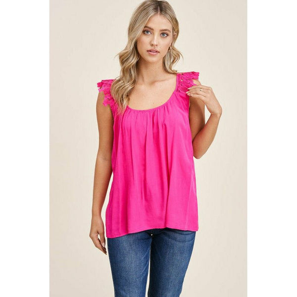 Women's Sleeveless - Double U Neck Lace Ruffled Strap Sleeveless Top - Hot Pink - Cultured Cloths Apparel
