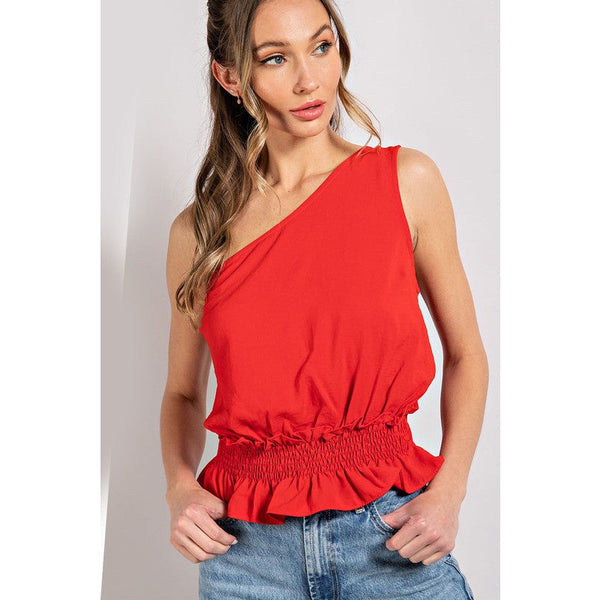 Women's Sleeveless - One Shoulder Sleeveless Ruffle Blouse Top - Tomato - Cultured Cloths Apparel