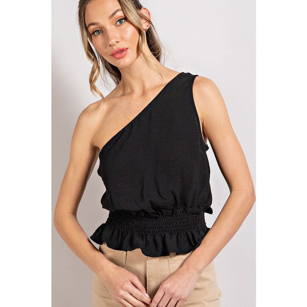 Women's Sleeveless - One Shoulder Sleeveless Ruffle Blouse Top - Black - Cultured Cloths Apparel