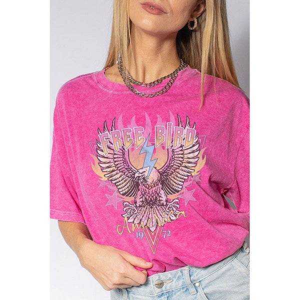 Graphic T-Shirts - Mineral Washed Free Bird 1972 Graphic Tee - Hot Pink - Cultured Cloths Apparel