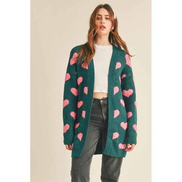 Outerwear - Fuzzy Heart Cardigan Sweater - Forest Green - Cultured Cloths Apparel