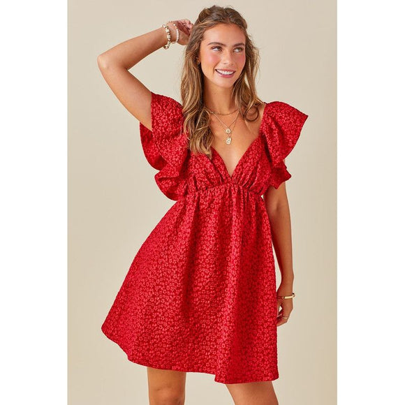 Women's Dresses - Floral Jacquard Babydoll Ruffle Sleeve Dress - Red - Cultured Cloths Apparel