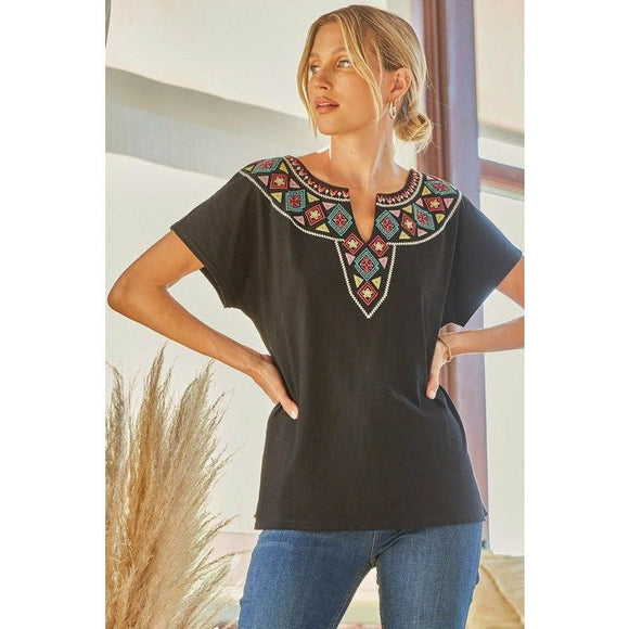 Women's Short Sleeve - Not So Basic! Embroidered Dolman Style Top -  - Cultured Cloths Apparel
