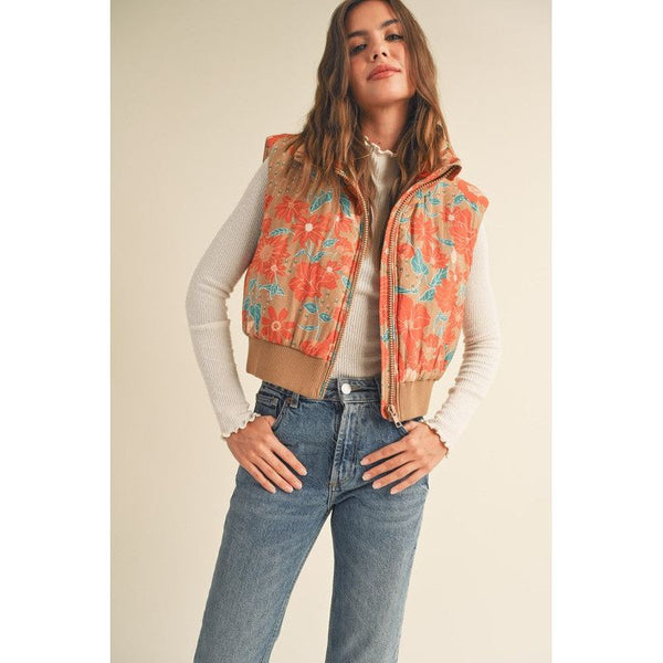 Outerwear - Floral Print Cropped Puffer Vest -  - Cultured Cloths Apparel