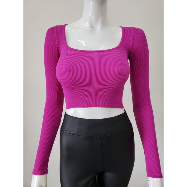 Women's Long Sleeve - Ribbed Scoop Neck Seamless Crop Top - Magenta - Cultured Cloths Apparel