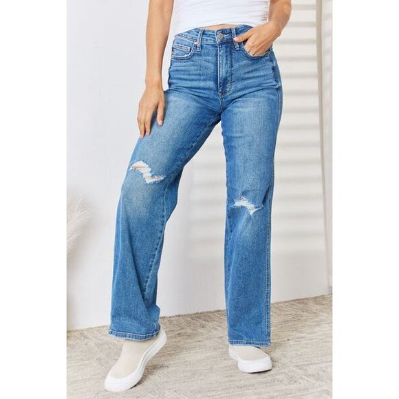 Denim - Judy Blue Full Size High Waist Distressed Straight-Leg Jeans - Medium - Cultured Cloths Apparel