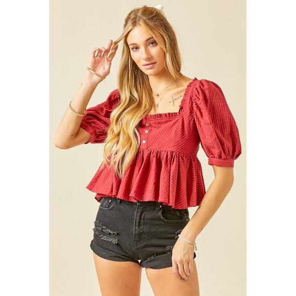Women's Short Sleeve - Ruffle Detail Striped Babydoll Top - Red - Cultured Cloths Apparel
