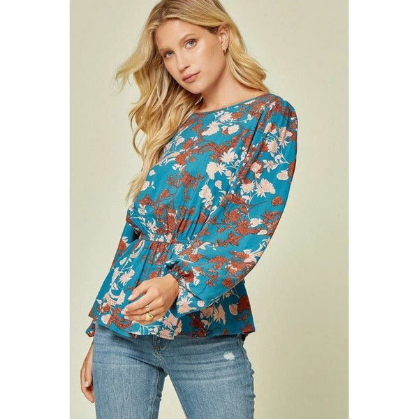 Women's Long Sleeve - Bright Blue and Floral Cinched Waist Top -  - Cultured Cloths Apparel