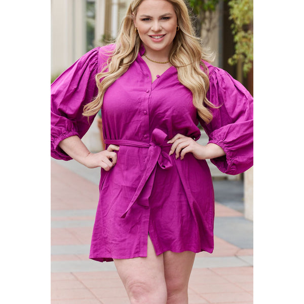 Women's Dresses - Jade By Jane Hello Darling Full Size Half Sleeve Belted Mini Dress in Magenta -  - Cultured Cloths Apparel