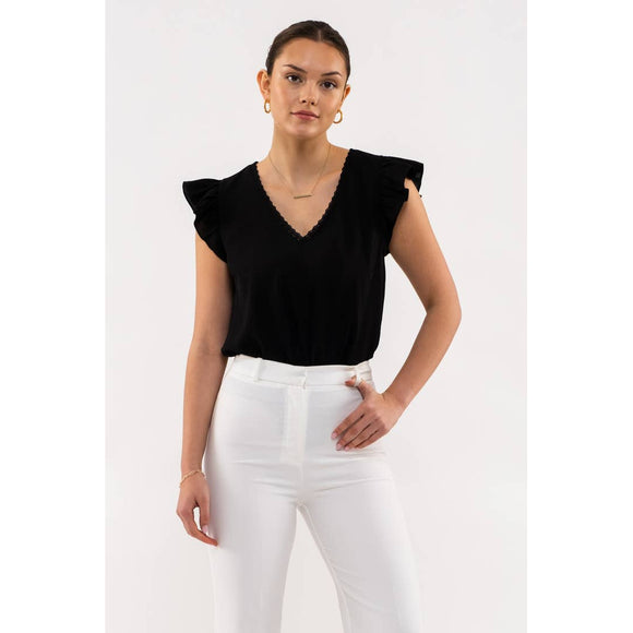 Women's Short Sleeve - Floral Lace Back Woven Top - Black - Cultured Cloths Apparel