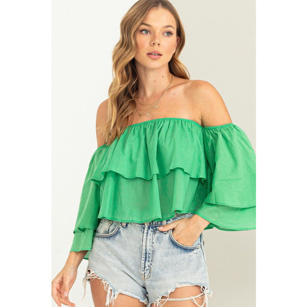 Women's Short Sleeve - Easy Win Off the Shoulder Tiered Blouse - Green - Cultured Cloths Apparel