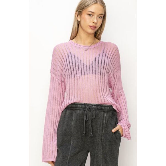 Women's Sweaters - HYFVE Openwork Ribbed Long Sleeve Knit Top - PINK - Cultured Cloths Apparel