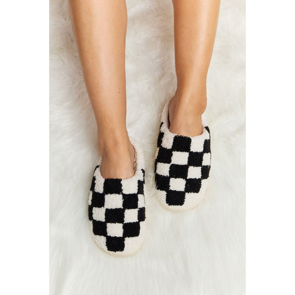Shoes - Melody Checkered Print Plush Slide Slippers - Black - Cultured Cloths Apparel