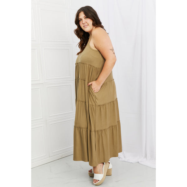 dresses - Zenana Full Size Spaghetti Strap Tiered Dress with Pockets in Khaki -  - Cultured Cloths Apparel