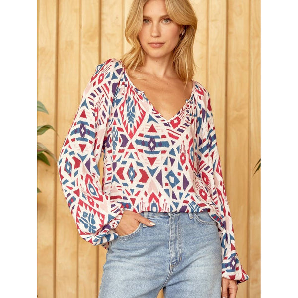 Women's Long Sleeve - Printed Aztec Woven Long Sleeve Blouse - Vibrant - Cultured Cloths Apparel