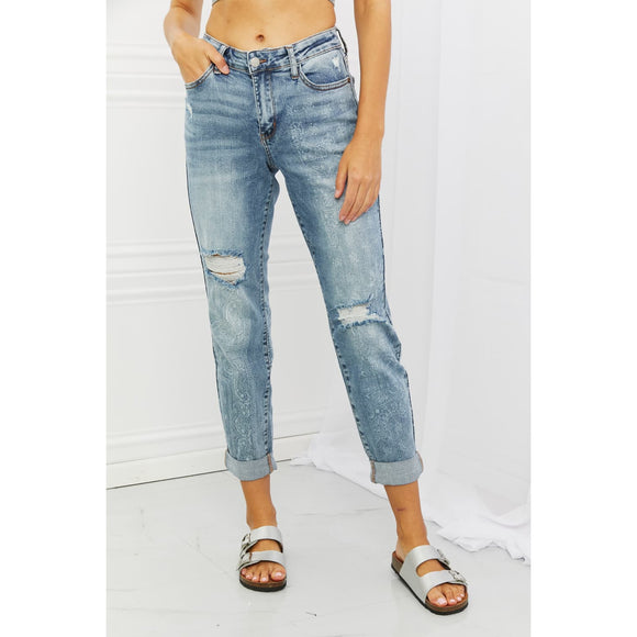 Denim - Judy Blue Maika Full Size Paisley Patterned Boyfriend Jeans -  - Cultured Cloths Apparel