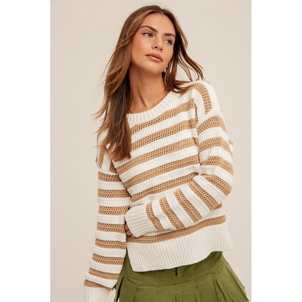 Women's Sweaters - Round Neck High Slit Sides Hole-Knit Sweater - Cream/Taupe - Cultured Cloths Apparel