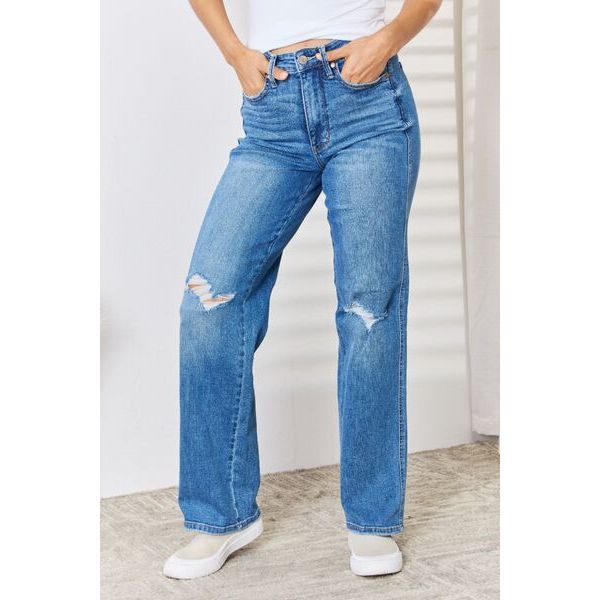 Denim - Judy Blue Full Size High Waist Distressed Straight-Leg Jeans -  - Cultured Cloths Apparel