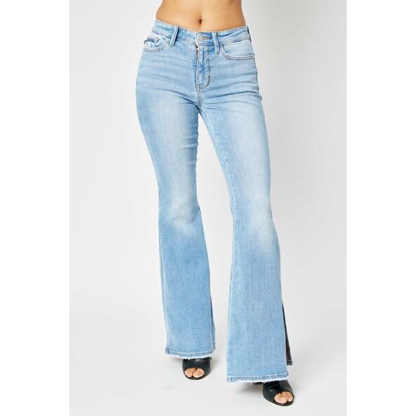 Denim - Judy Blue Full Size Mid Rise Raw Hem Slit Flare Jeans - Medium - Cultured Cloths Apparel