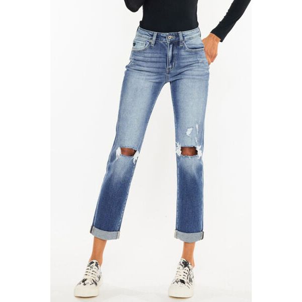 Denim - Kancan High Waist Distressed Hem Detail Cropped Straight Jeans - Medium - Cultured Cloths Apparel