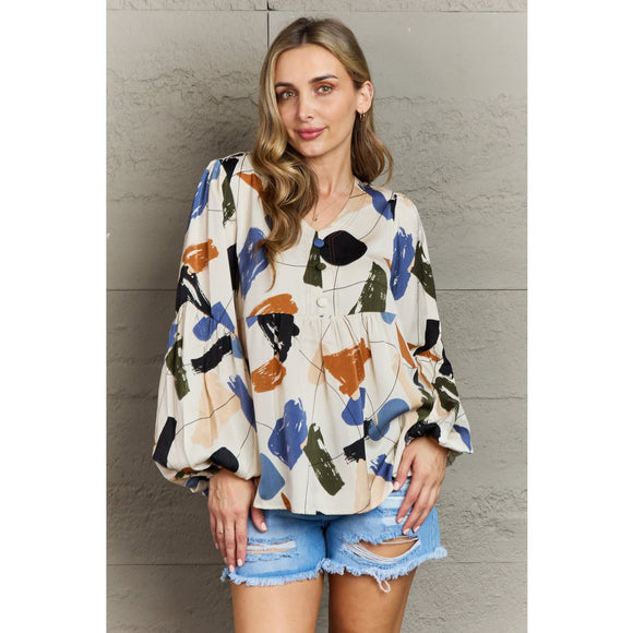 Women's Long Sleeve - Hailey & Co Wishful Thinking Multi Colored Printed Blouse - Beige - Cultured Cloths Apparel