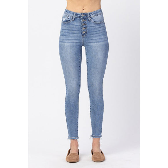 Denim - Judy Blue Full Size Button Fly Raw Hem Jeans - Reg-Lt - Cultured Cloths Apparel