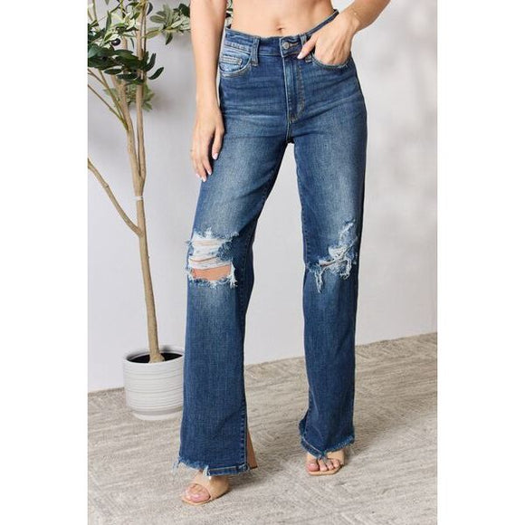 Denim - Judy Blue Full Size High Waist 90's Distressed Straight Jeans -  - Cultured Cloths Apparel