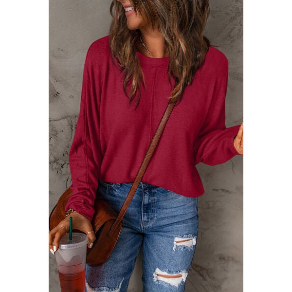 Women's Long Sleeve - Double Take Full Size Round Neck Long Sleeve T-Shirt - Deep Red - Cultured Cloths Apparel