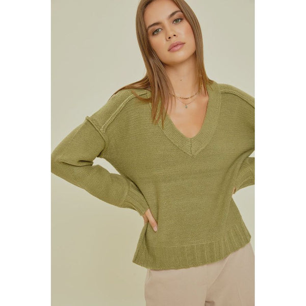 Women's Sweaters - Ultra Comfy V Neck Sweater - LT Olive - Cultured Cloths Apparel