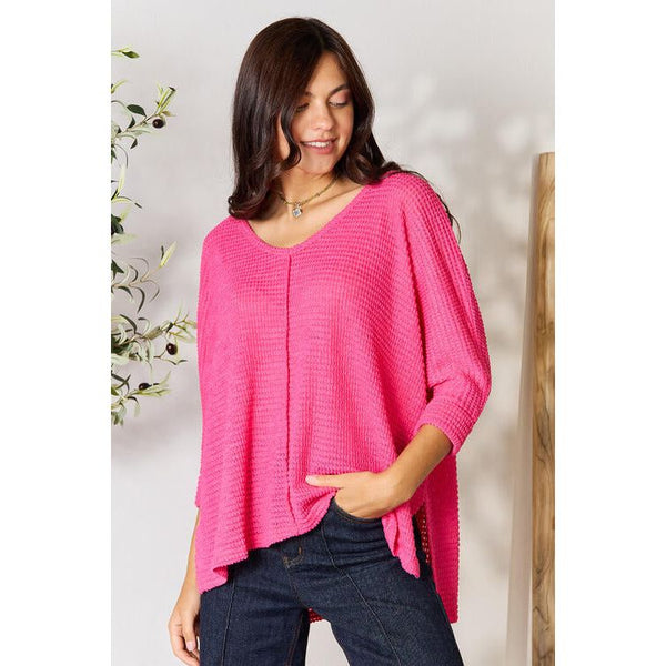 Women's 3/4 Sleeve - Zenana Full Size Round Neck High-Low Slit Knit Top -  - Cultured Cloths Apparel