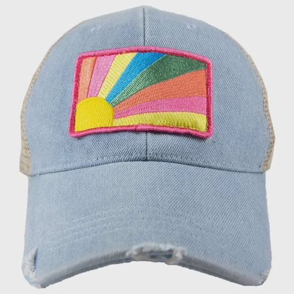 Accessories, Hats - Bursting Sunshine Patch Denim Trucker Hat - Denim - Cultured Cloths Apparel