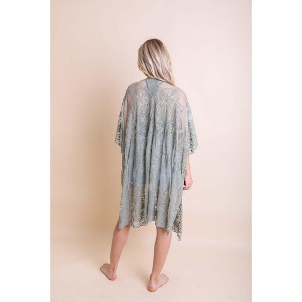 Outerwear - Floral Mandala Embroidered Kimono - Sage - Cultured Cloths Apparel