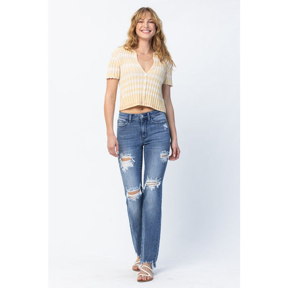 Denim - Judy Blue Destroyed Straight Mid-Rise Jeans -  - Cultured Cloths Apparel