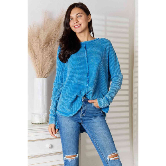 Women's Long Sleeve - Zenana Center Seam Waffle-Knit Top - Sky Blue - Cultured Cloths Apparel