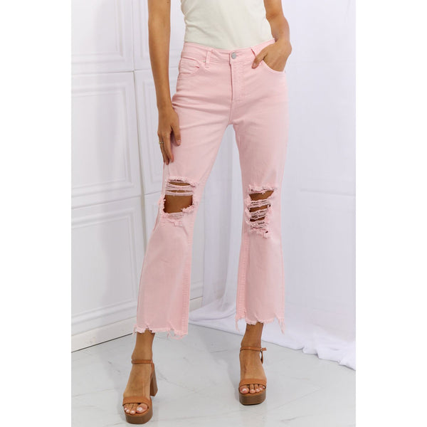 Denim - RISEN Miley Full Size Distressed Ankle Flare Jeans - Blush Pink - Cultured Cloths Apparel