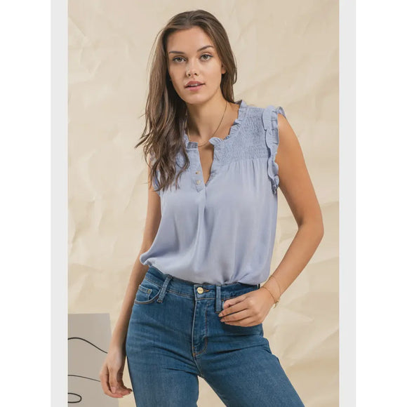Women's Sleeveless - Ruched Sleeveless Woven Top - Chambray - Cultured Cloths Apparel