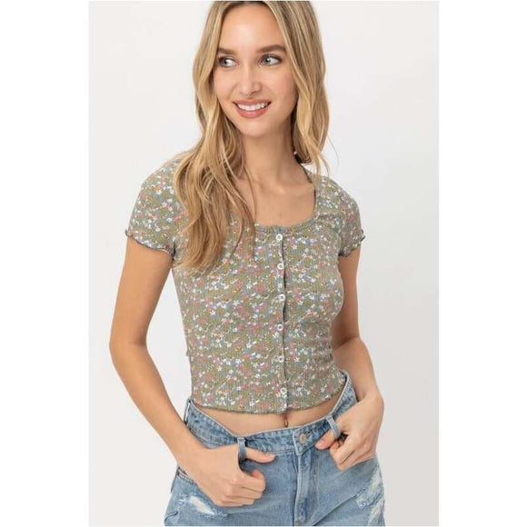Women's Short Sleeve - Button Details Knit Printed Top -  - Cultured Cloths Apparel